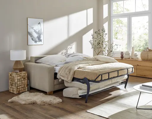 Sofa Lakeville - 2-Sitzer inkl. Schlaffunktion, Gestell Schwarz, Stoff, Beige