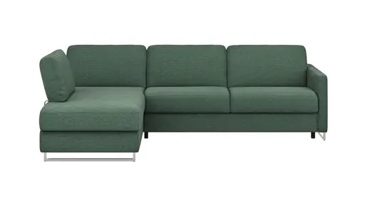 Ecksofa Nuoro - Longchair links mit 2-Sitzer inkl. Schlaffunktion und Bettkasten, Stoff, Dunkelgrün