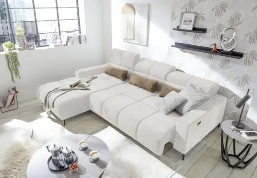 Ecksofa - Longchair links mit 2-Sizer, Sitztiefe verstellbar motorisch/Kopfteil verstellbar, Stoff, Sand
