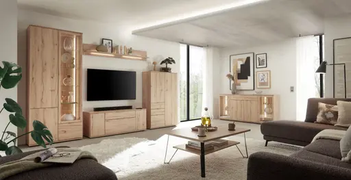 Wohnwand EM Aveiro - mit Wandboard, Beleuchtung, Rückwandschroppung, Balkenbuche Nachbildung