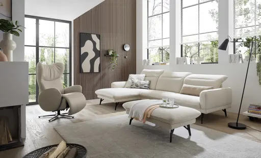 Ecksofa EM Miramar - Longchair links mit 3-Sitzer, Kopfteil/Sitztiefe verstellbar, Stoff, beige
