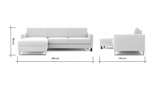 Schlafsofa Laredo - Longchair mit 2-Sitzer rechts inkl. Schlaffunktion mit Bettkasten, Stoff, Graubeige