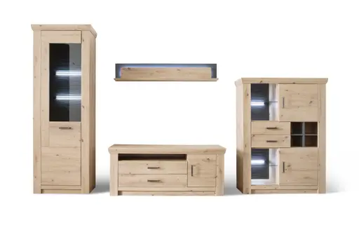 Wohnwand - mit Beleuchtung, Balkeneiche