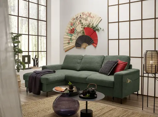 Ecksofa - Longchair links mit 2-Sitzer, Stoff, Dunkelgrün