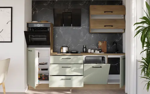 Küchenblock- ohne E-Geräte, B ca. 250 cm, Eiche Dekor, Salbei, Matt