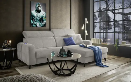 Ecksofa JANKO - 1-Sitzer mit Longchair rechts, Relaxfunktion motorisch, Stoff, Grau