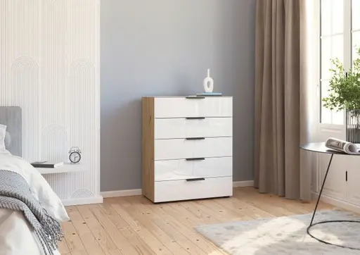 Kommode RIPP- Eiche Dekor, Glas, Weiß