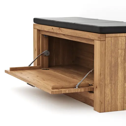 Schuhschrank Farmingdale - Eiche massiv, natur geölt mit Sitzkissen schwarz