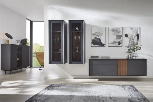 Wohnwand Parano - Lack Anthrazit, Nussbaum Satin