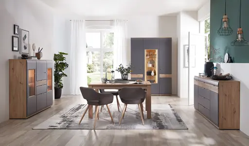 Wohnwand EM Teolo - mit Wandboard und Beleuchtung und geschroppter Rückwand, Alteiche, Lichtgrau