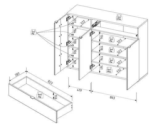 Garderobe - mit Beleuchtung, Riva Eiche Nachbildung, Basalt