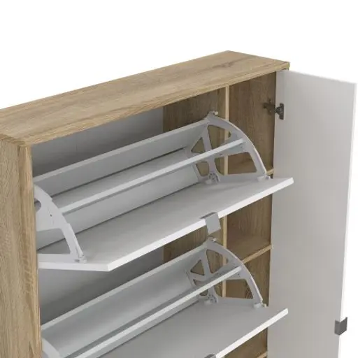 Schuhschrank - B ca. 99 cm, Eiche Struktur Nachbildung, Weiß Hochglanz