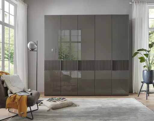 Drehtürenschrank - B. ca. 250 cm, Querriegel mit Lamellen, Glas Havanna