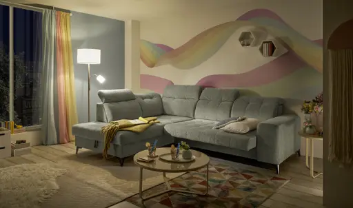 Ecksofa - Ecke links mit 2-Sitzer, Kopfteil verstellbar, Sitztiefe verstellbar motorisch, Stoff, Perlmutt