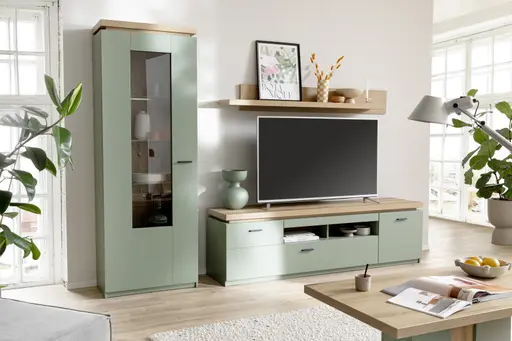 TV-Lowboard - mit Beleuchtung, B ca. 195 cm, Salbeigrün, Eiche Evoke Nachbildung