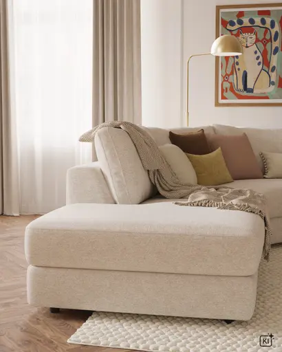 Ecksofa Almeria - Rundecke und Abschlussteil mit 2-Sitzer rechts, Stoff, Offwhite