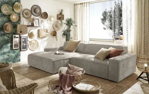 Ecksofa - Longchair links mit 2-Sitzer, Sitzvorzug motorisch, Stoff, Taupe