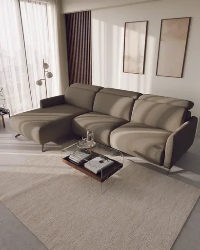 Ecksofa Arona - Longchair mit 2-Sitzer rechts inkl. 3x Kopfteil verstellbar, Stoff, Grau
