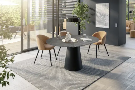 Esstisch - ausziehbar, Ø/H ca. 130x75 cm, Keramikoptik grau, Schwarz