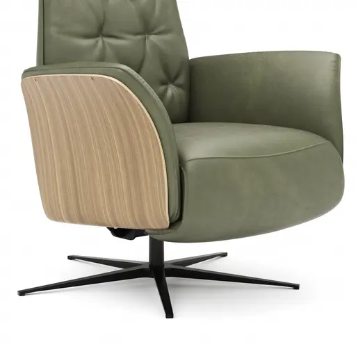 Drehsessel Aberdeen - Größe M, inkl. Relaxfunktion, Holzblende furniert, Nussbaum, Leder, Moos