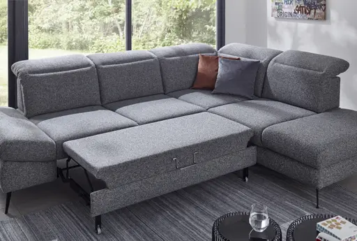 Ecksofa Alegria - 2,5-Sitzer mit Ecke rechts inkl. Schlaffunktion und Kopfteil/ Armteil/ Sitztiefe verstellbar, Stoff, Graublau