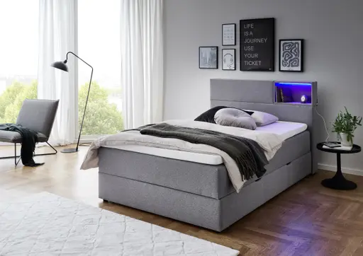 Boxspringbett - Liegefläche ca. 140x200 cm, inkl. Beleuchtung, Ablage und USB-Anschluss, Stoff, Hellgrau