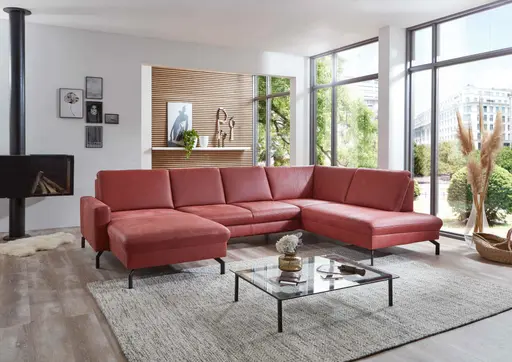 Wohnlandschaft - Longchair links mit 2,5-Sitzer und Ecke rechts, Leder, Rot