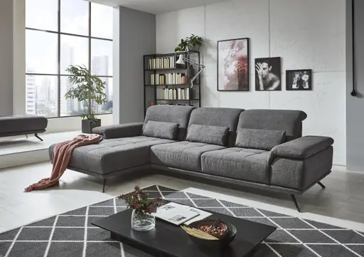 Sofa - Longchair links mit 3-Sitzer inkl. Kopfteil verstellbar, Stoff, Anthrazit