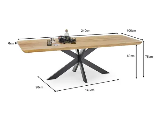 Esstisch - LB ca. 240x100 cm, Wildeiche massiv geölt, Schweizer Kante mit abgerundeten Ecken, Schwarz