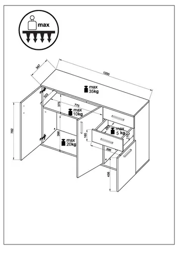 Kommode - B ca. 120 cm, Holz Nachbildung, Weiß