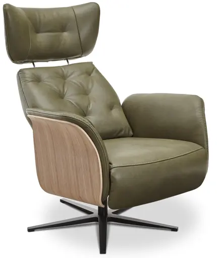 Drehsessel Aberdeen - Größe M, inkl. Relaxfunktion, Holzblende furniert, Nussbaum, Leder, Moos