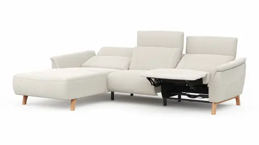 Ecksofa Nevin - Longchair links mit 2-Sitzer rechts, inkl. Relaxfunktion (motorisch) und Kopfpolsterverstellung, Stoff, Weiß
