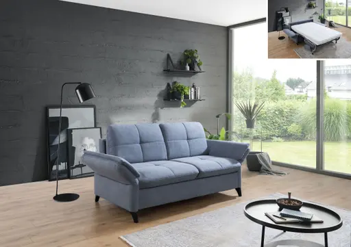 Sofa - 2,5-Sitzer mit Schlaffunktion, Armlehne verstellbar, Stoff, Graublau