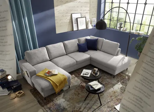 Wohnlandschaft - Longchair links mit 2-Sitzer und Ecke rechts, Stoff, Silbergrau