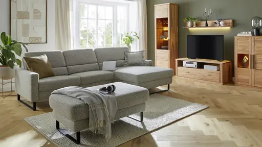 Ecksofa Valera - 3-Sitzer mit Longchair rechts inkl. Rückenlehne verstellbar, Stoff, Limone