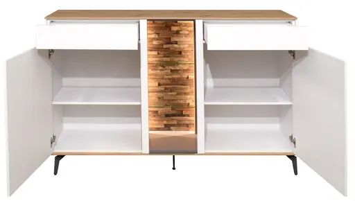 Sideboard - mit Beleuchtung, B ca. 159 cm, Weiß, Asteiche, Schwarz