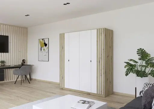 Drehtürenschrank RUERTO- B ca. 181 cm, Eiche Dekor, Weiß, Paneel, Eiche Dekor