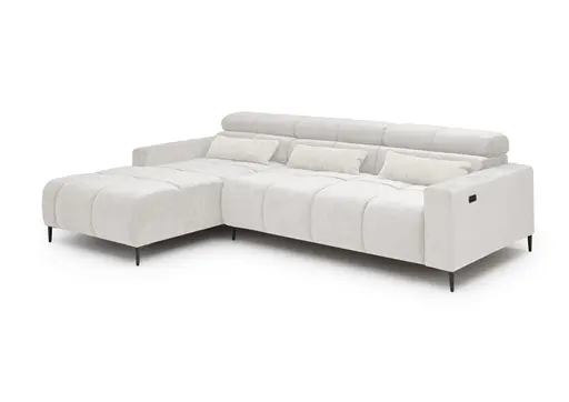 Ecksofa - Longchair links mit 2-Sizer, Sitztiefe verstellbar motorisch/Kopfteil verstellbar, Stoff, Creme