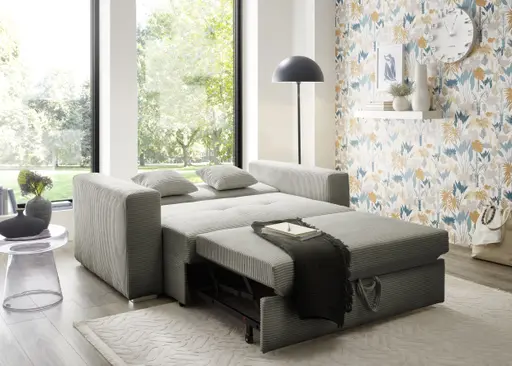 Sofa JORDEN 2 - 2-Sitzer inkl. Schlaffunktion mit Bettkasten, Cord, Taupe