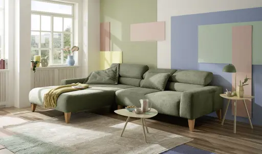 Ecksofa CHENOA - Longchair links mit 2-Sitzer, Kopfteil verstellbar, Stoff, Dunkelgrün