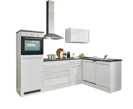 Küchenblock Eck- Inkl. E-Geräte, B ca. 260 cm, Weiß Matt, Weiß Hochglanz