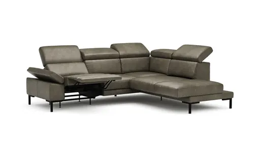 Ecksofa Hudson - 2,5-Sitzer mit Ecke rechts, inkl. Kopfteil/Armlehne verstellbar und Sitzvorzug/Relaxfunktion (motorisch), Leder, Braungrün