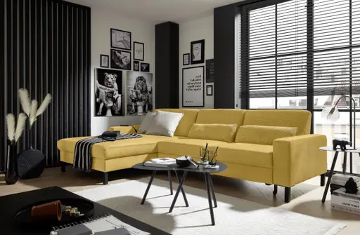 Ecksofa CALM MOVE 2.0 - Longchair links mit 2,5-Sitzer, Schlaffunktion, Feincord, Gold