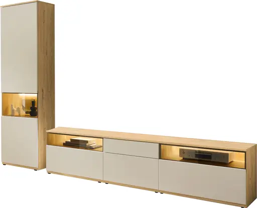 Wohnwand mit Beleuchtung - Risseiche, Sandbeige