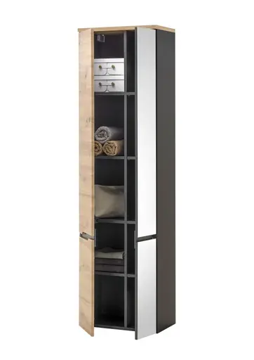 Hochschrank- B ca. 50 cm, Dunkelgrau, Eiche Dekor, Spiegel