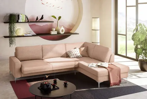 Ecksofa CALM 2.0 - 2,5-Sitzer mit Ecke rechts, Schlaffunktion mit Bettkasten, Stoff, Pfirsich