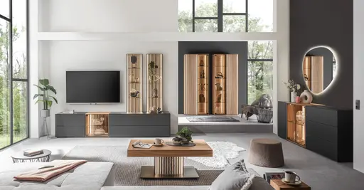 Couchtisch - mit Schublade und Beleuchtung, LBH 120x70x45 cm, Birke massiv, Anthrazit lackiert, Applikation Kerneiche Natur