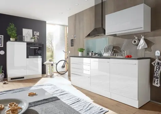 Küchenblock- ohne E-Geräte, B ca. 200 cm, Weiß Matt, Weiß Hochglanz, Anthrazit