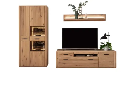 Wohnwand mit Beleuchtung - Balkeneiche, massiv