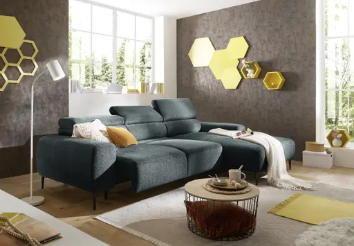 Ecksofa - 2-Sitzer mit Longchair rechts, Sitzvorzug motorisch, Kopfteil verstellbar, Stoff, Blaugrün